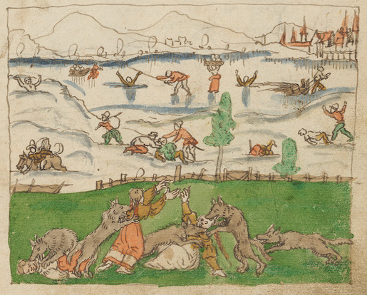 ZB Zürich, Ms F 19, S. 191: Harter Winter 1571 mit Erfrorenen im Schnee und hungrigen Wölfen, die (wegen Nahrungsmangel) Menschen angreifen in Chur